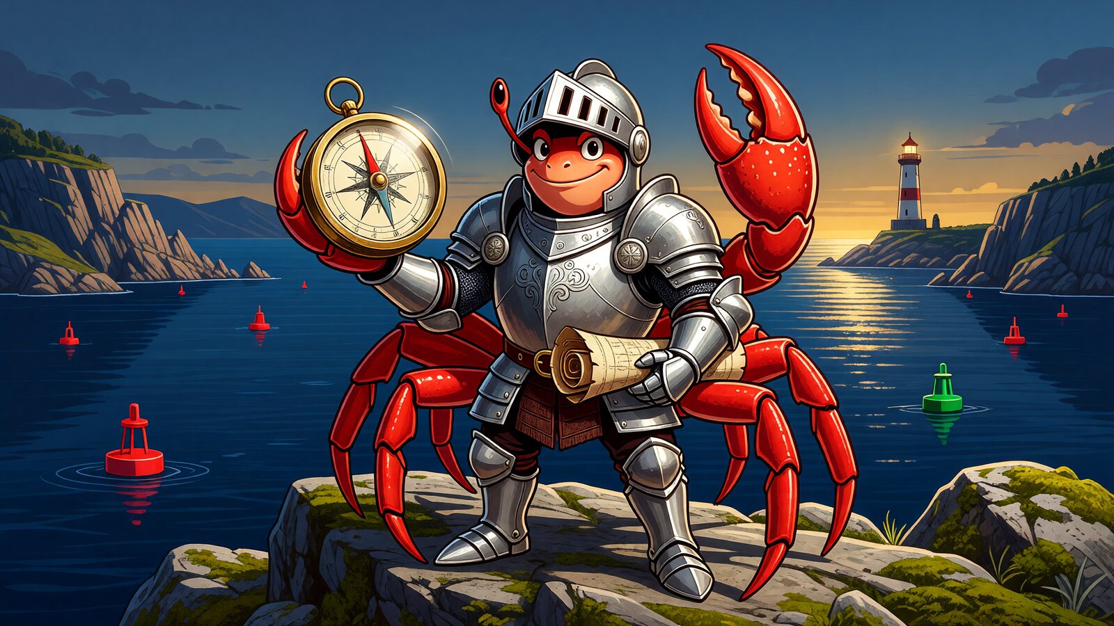 Sir Catch-a-lot — krabbe-ridder navigerer båt forbi sjømerker og fyr, øvingsprøve til båtførerprøven